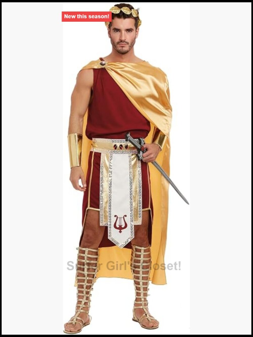 Mens Apollo Greek God Halloween Costume Adult 5pc Cape Headpiece Skirt